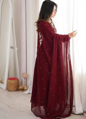 maroon georgette party wear embroidery anarkali suit set stitched 3