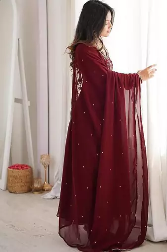 maroon georgette party wear embroidery anarkali suit set stitched