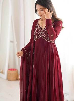 maroon georgette party wear embroidery anarkali suit set stitched 4