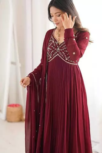 maroon georgette party wear embroidery anarkali suit set stitched