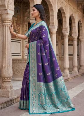 Purple soft banarasi silk saree with zari weaving meenakari design 4