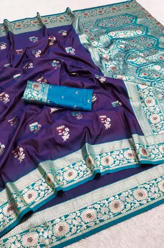 Purple soft banarasi silk saree with zari weaving meenakari design