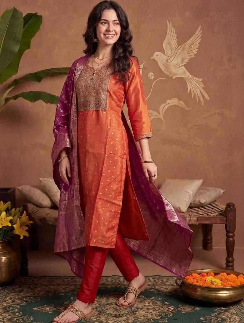 Women Ethnic Motifs Embroidered Thread Work Kurta with Trousers & With Dupatta