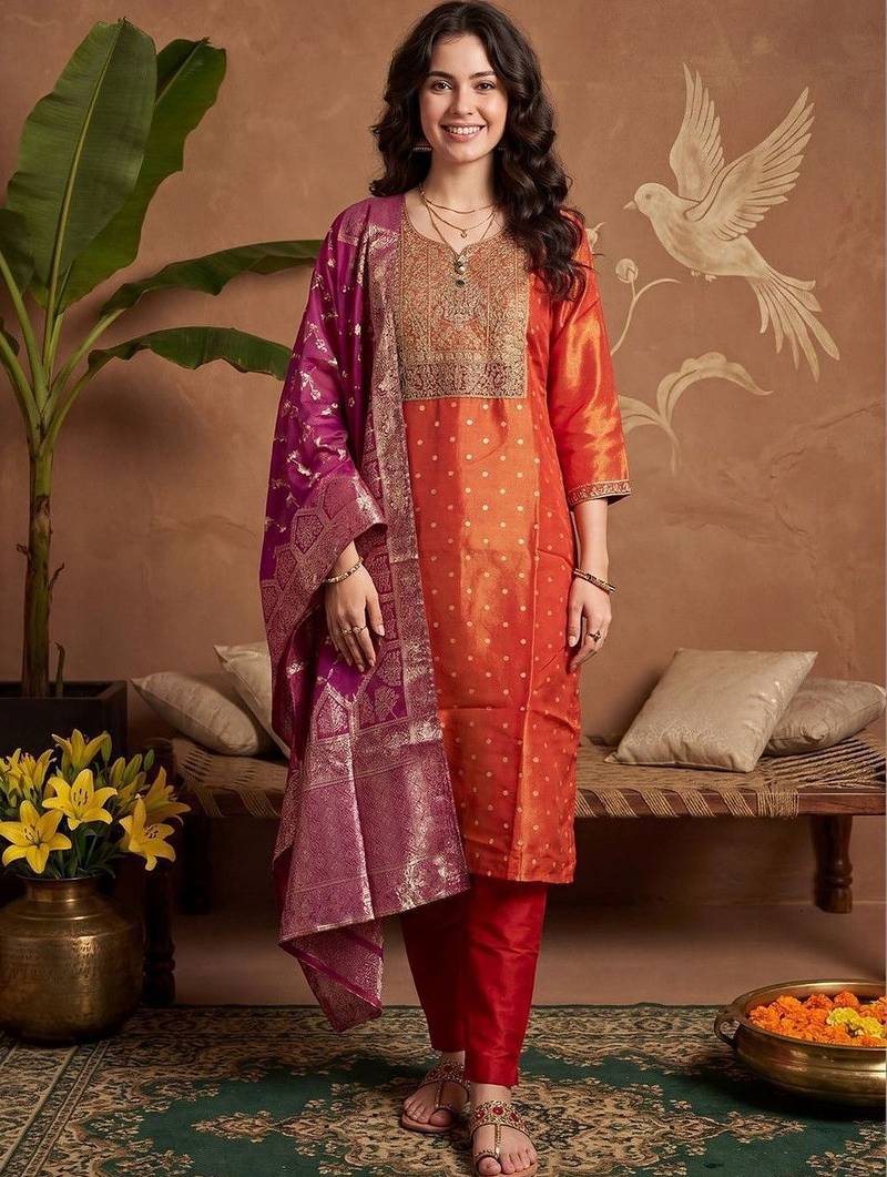 Women Ethnic Motifs Embroidered Thread Work Kurta with Trousers & With Dupatta