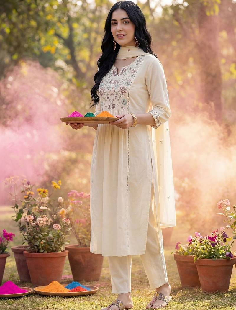 Women Floral Embroidered Empire Thread Work Cotton Kurta with Trousers & With Dupatta