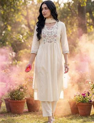 Women Floral Embroidered Empire Thread Work Cotton Kurta with Trousers & With Dupatta 3