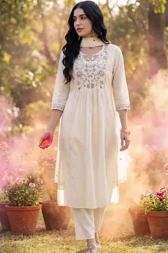 Women Floral Embroidered Empire Thread Work Cotton Kurta with Trousers & With Dupatta