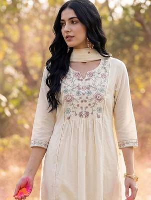Women Floral Embroidered Empire Thread Work Cotton Kurta with Trousers & With Dupatta 4