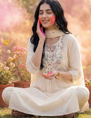 Women Floral Embroidered Empire Thread Work Cotton Kurta with Trousers & With Dupatta 5