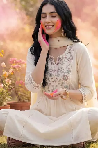 Women Floral Embroidered Empire Thread Work Cotton Kurta with Trousers & With Dupatta