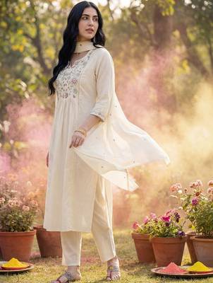 Women Floral Embroidered Empire Thread Work Cotton Kurta with Trousers & With Dupatta 6
