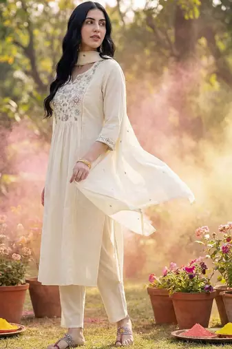 Women Floral Embroidered Empire Thread Work Cotton Kurta with Trousers & With Dupatta