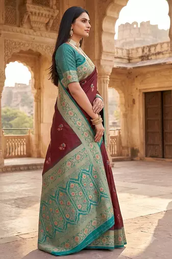 Maroon soft banarasi silk saree with zari weaving meenakari design