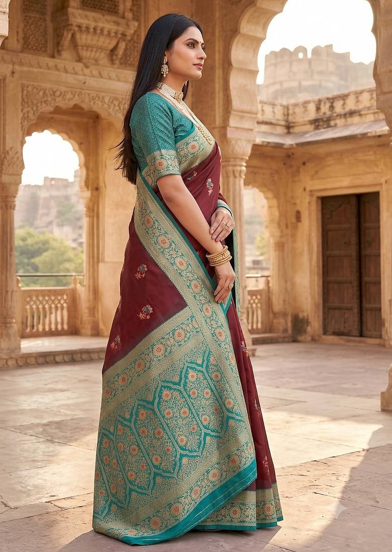 Maroon soft banarasi silk saree with zari weaving meenakari design