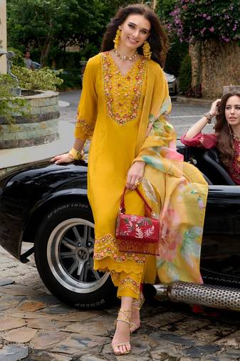 Floral Embroidered A-Line Kurta With Trousers & Dupatta