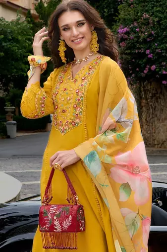 Floral Embroidered A-Line Kurta With Trousers & Dupatta