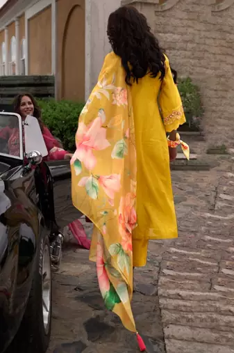 Floral Embroidered A-Line Kurta With Trousers & Dupatta