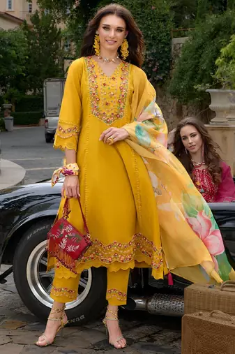 Floral Embroidered A-Line Kurta With Trousers & Dupatta
