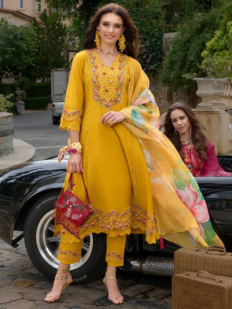 Floral Embroidered A-Line Kurta With Trousers & Dupatta