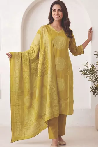 Women Ethnic Motifs Printed Beaded Cotton Kurta with Trousers & Dupatta