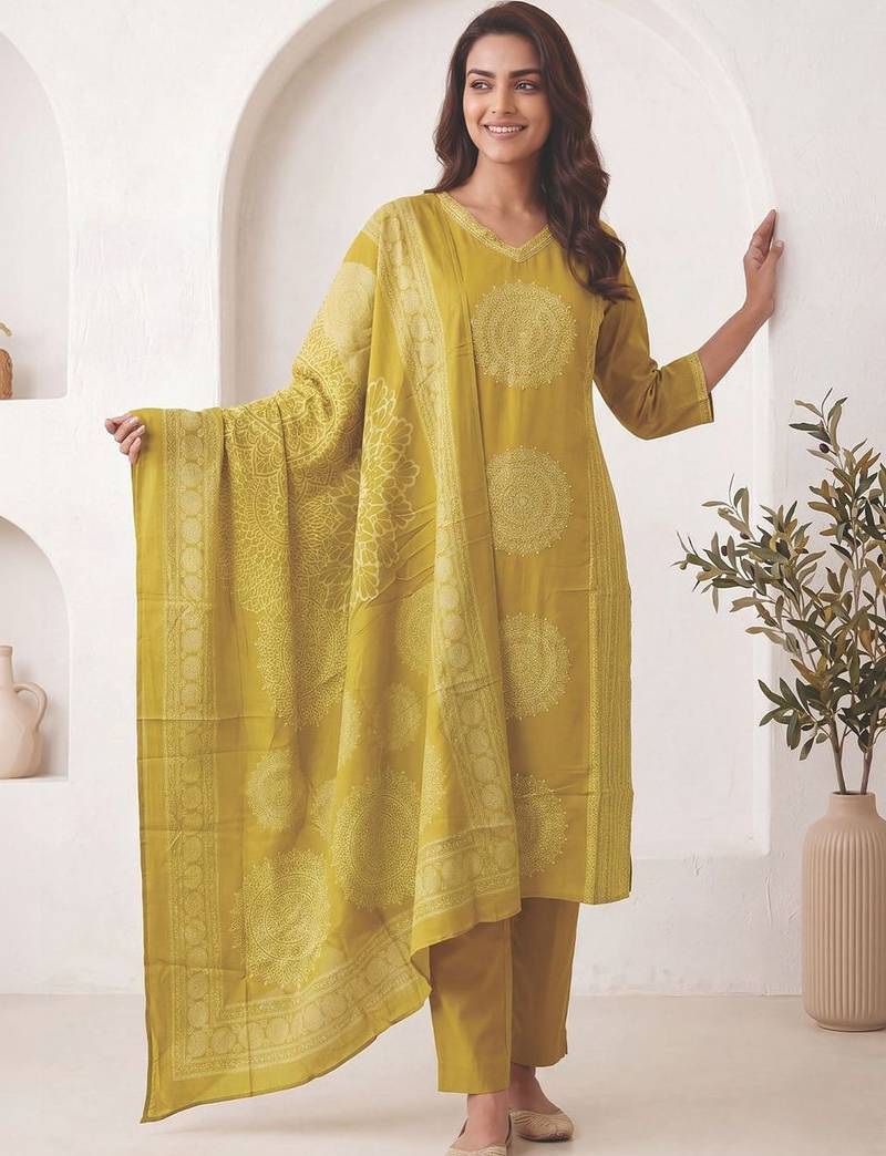 Women Ethnic Motifs Printed Beaded Cotton Kurta with Trousers & Dupatta
