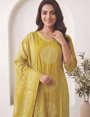 Women Ethnic Motifs Printed Beaded Cotton Kurta with Trousers & Dupatta 2