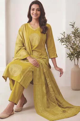 Women Ethnic Motifs Printed Beaded Cotton Kurta with Trousers & Dupatta