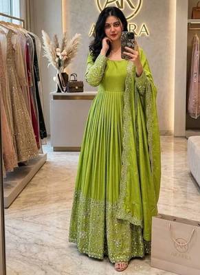 Parrot Green Color Embroidery Sequences Work With Real Mirror Work Silk Blend Gown Set 1