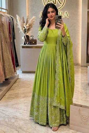 Parrot Green Color Embroidery Sequences Work With Real Mirror Work Silk Blend Gown Set