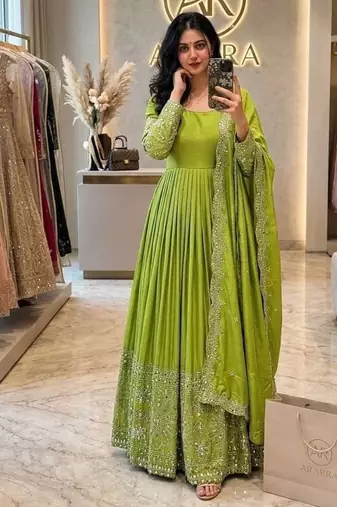 Parrot Green Color Embroidery Sequences Work With Real Mirror Work Silk Blend Gown Set