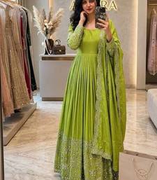 Parrot Green Color Embroidery Sequences Work With Real Mirror Work Silk Blend Gown Set