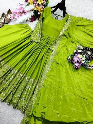 Parrot Green Color Embroidery Sequences Work With Real Mirror Work Silk Blend Gown Set 2