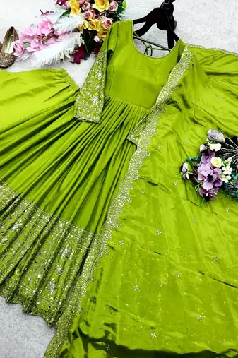 Parrot Green Color Embroidery Sequences Work With Real Mirror Work Silk Blend Gown Set