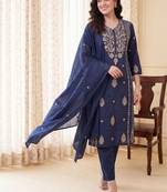Women Ethnic Motifs Embroidered Thread Work Cotton Kurta with Trousers & With Dupatta