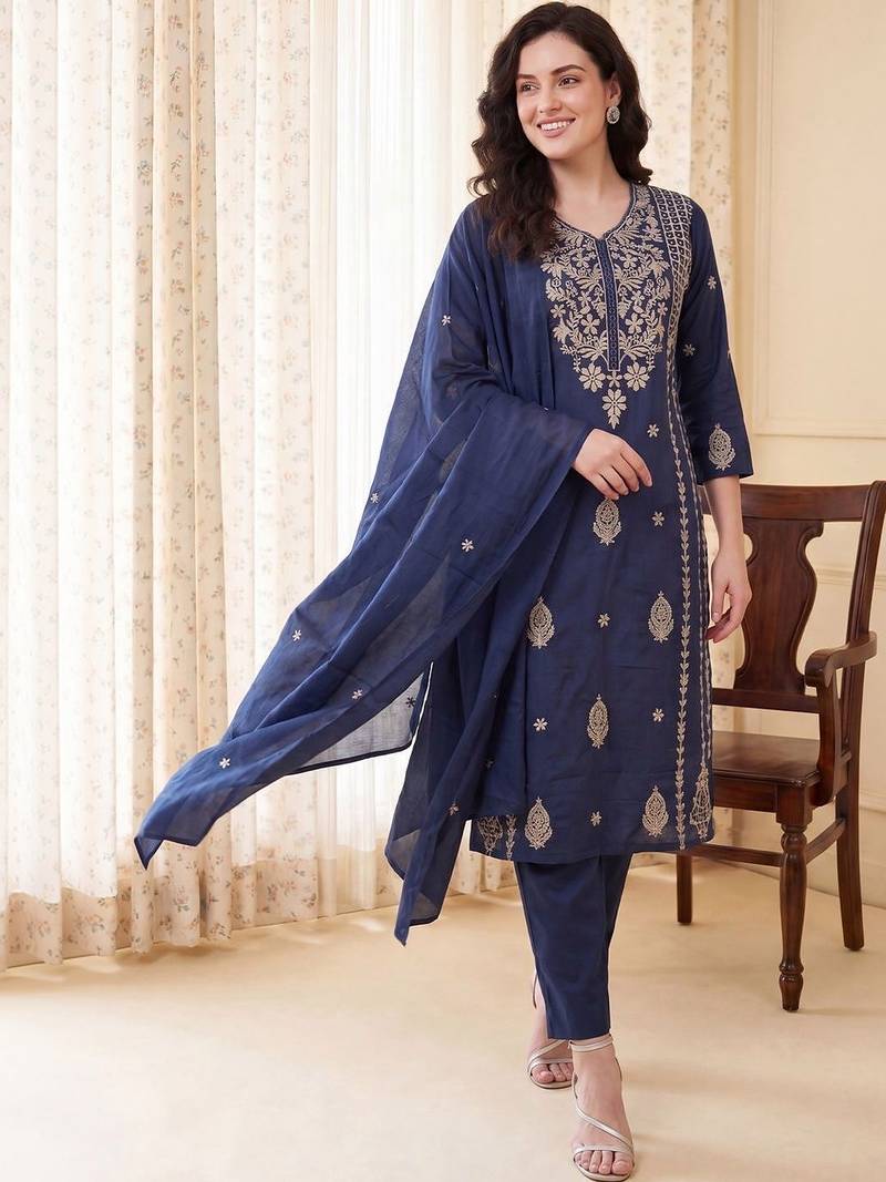 Women Ethnic Motifs Embroidered Thread Work Cotton Kurta with Trousers & With Dupatta