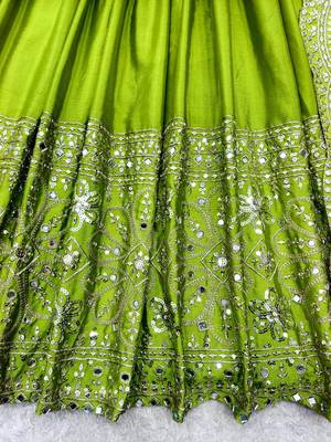 Parrot Green Color Embroidery Sequences Work With Real Mirror Work Silk Blend Gown Set 3
