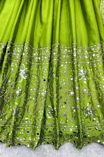 Parrot Green Color Embroidery Sequences Work With Real Mirror Work Silk Blend Gown Set