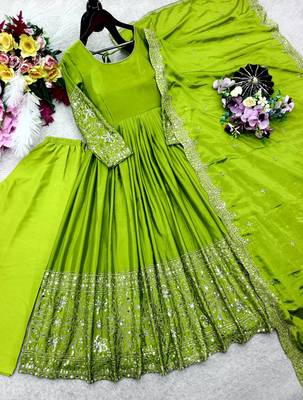 Parrot Green Color Embroidery Sequences Work With Real Mirror Work Silk Blend Gown Set 4