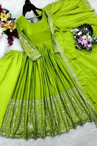 Parrot Green Color Embroidery Sequences Work With Real Mirror Work Silk Blend Gown Set