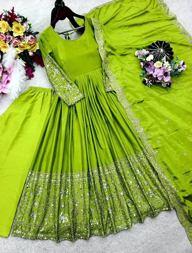 Parrot Green Color Embroidery Sequences Work With Real Mirror Work Silk Blend Gown Set