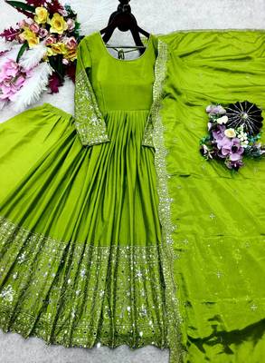 Parrot Green Color Embroidery Sequences Work With Real Mirror Work Silk Blend Gown Set 5