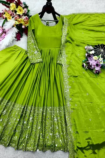 Parrot Green Color Embroidery Sequences Work With Real Mirror Work Silk Blend Gown Set