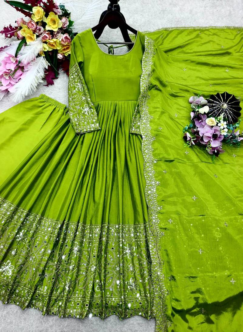 Parrot Green Color Embroidery Sequences Work With Real Mirror Work Silk Blend Gown Set