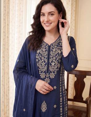 Women Ethnic Motifs Embroidered Thread Work Cotton Kurta with Trousers & With Dupatta 2