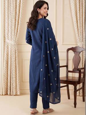 Women Ethnic Motifs Embroidered Thread Work Cotton Kurta with Trousers & With Dupatta 3