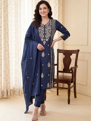 Women Ethnic Motifs Embroidered Thread Work Cotton Kurta with Trousers & With Dupatta 5