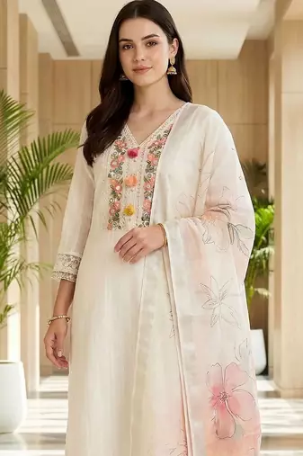 Women Floral Embroidered Thread Work Cotton Kurta with Trousers & With Dupatta