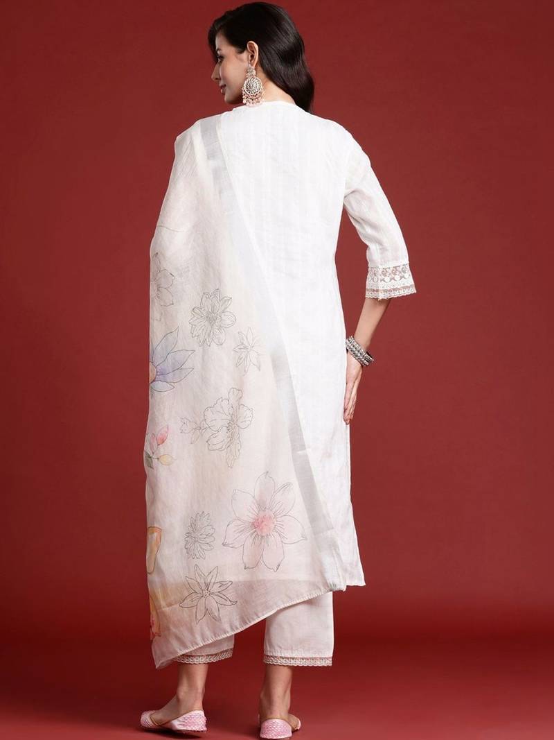 Women Floral Embroidered Thread Work Cotton Kurta with Trousers & With Dupatta