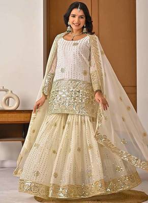 cream georgette party wear embroidery sharara suit set 1