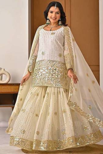 cream georgette party wear embroidery sharara suit set